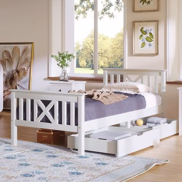 HomeTouch Sasha White Solid Pine Single Bed Frame with 2 Drawers W/D/H: 90 x 190 cm