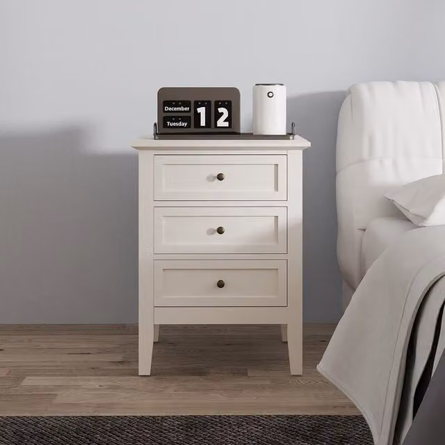 Melody Maison Rowley 3 Drawer Bedside Table in Beige and White
