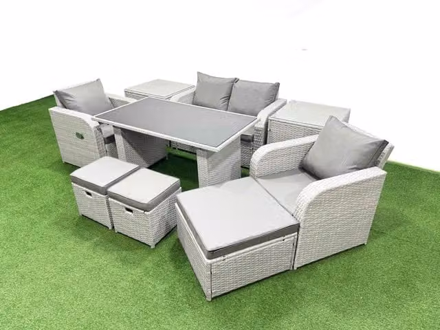 Fimous 7-Seater Outdoor Rattan Garden Furniture Dining Set with 2 Side Tables in Light Grey