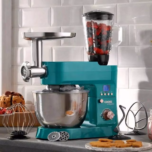 Cooks Professional Multifunction Stand Mixer 1200W with Mincer and Blender, 6.2L Stainless Steel Bowl, Petrol and Gold – 1