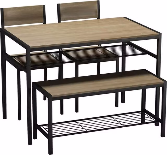 EONLION 4 Piece Industrial Dining Set with Rectangular Table and Metal Frame in Light Oak and Brown