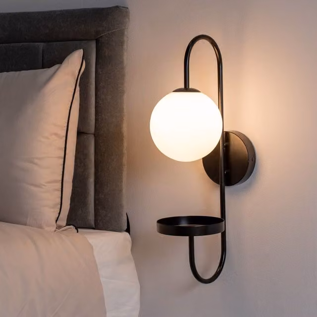 ValueLights Milo Curved Black Wall Light with Frosted Glass Globe Shade and LED Bulb