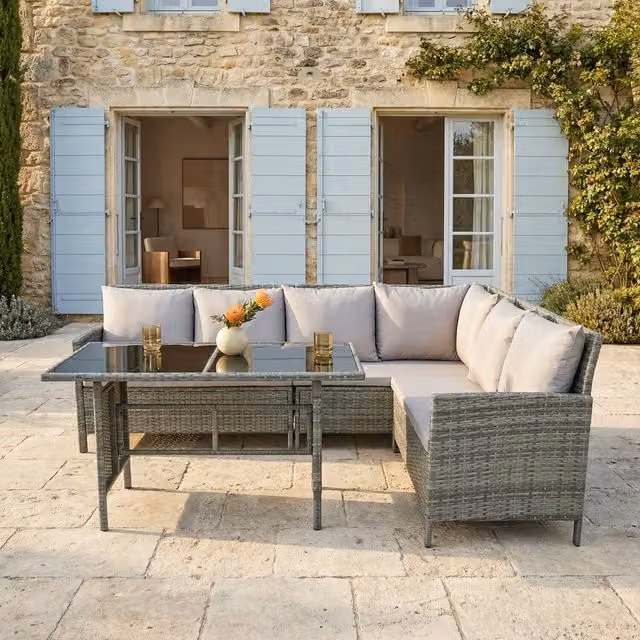 Home Garden Direct Alia Grey Rattan 6 Seater Corner Dining Set with Glass Top