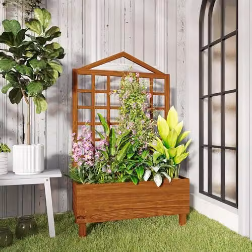Outsunny Wooden Raised Bed Planter with Trellis for Climbing Plants, Brown, H x W x D: 150 x 90 x 43 cm – 6