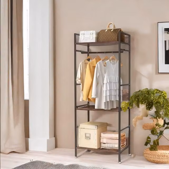 FURNOS Industrial Heavy Duty Metal and MDF Open Wardrobe with Shelves in Dark Brown, H 162.0 cm x W 60.0 cm – 1