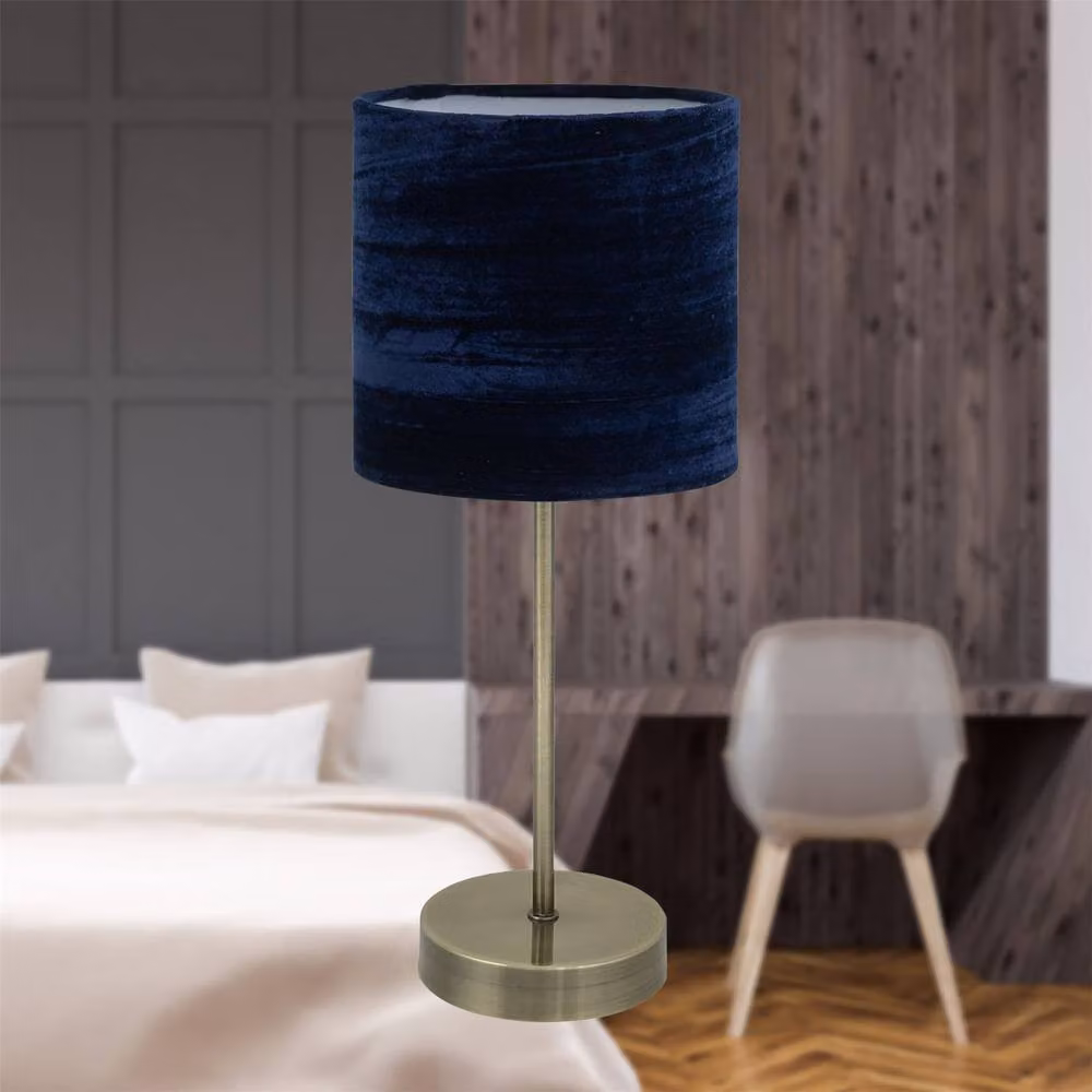 First Choice Lighting Set of 2 Antique Brass Stick Table Lamps with Blue Fabric Shades – 2