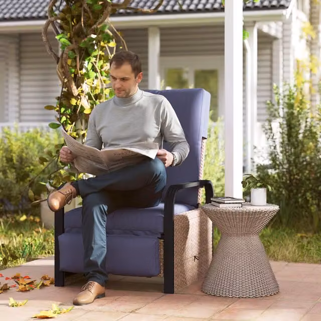Outsunny Blue Polyrattan Cushioned Garden Recliner Chair with Side Table and Armrests