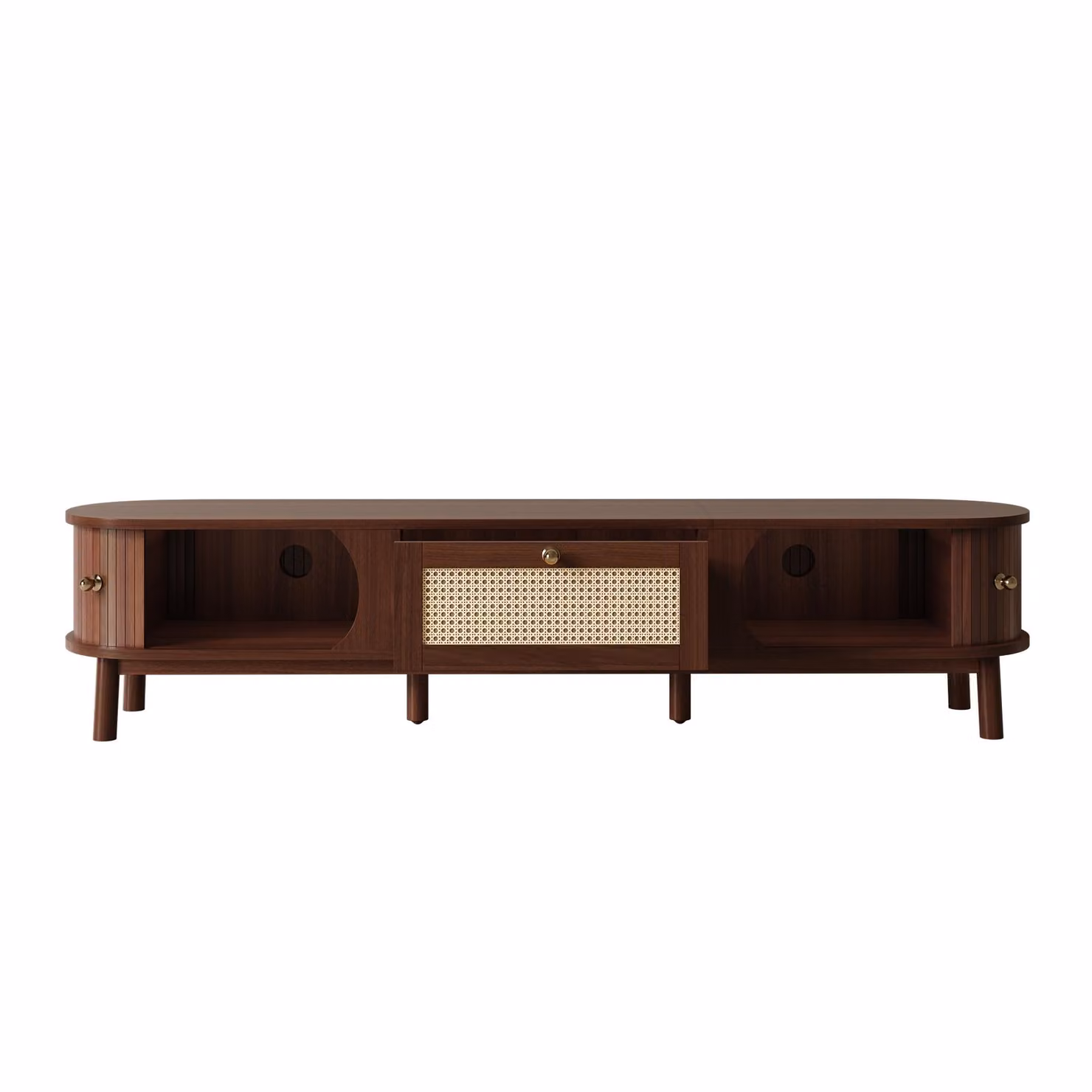 Aosom UK Modern Walnut TV Cabinet with Handwoven Rattan Drawers and Sliding Doors, W: 39.5 cm, D: 38 cm, H: 38 cm, Brown – 2