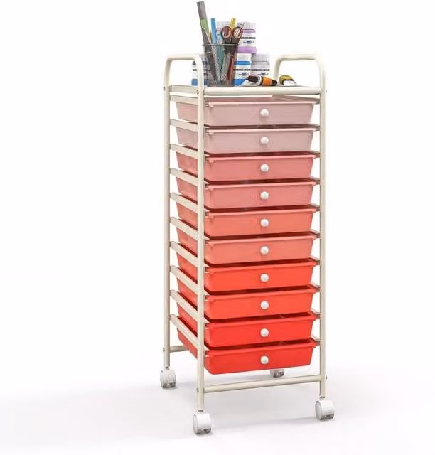 Costway 10 Drawer Mobile Storage Trolley Utility Cart in Pink – 1