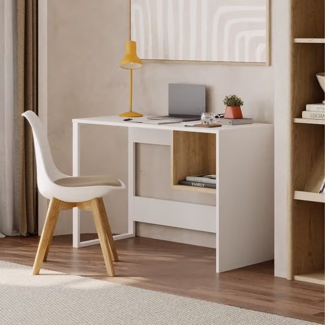 Decortie Model 4 Modern Writing Desk with Square Shelf in White