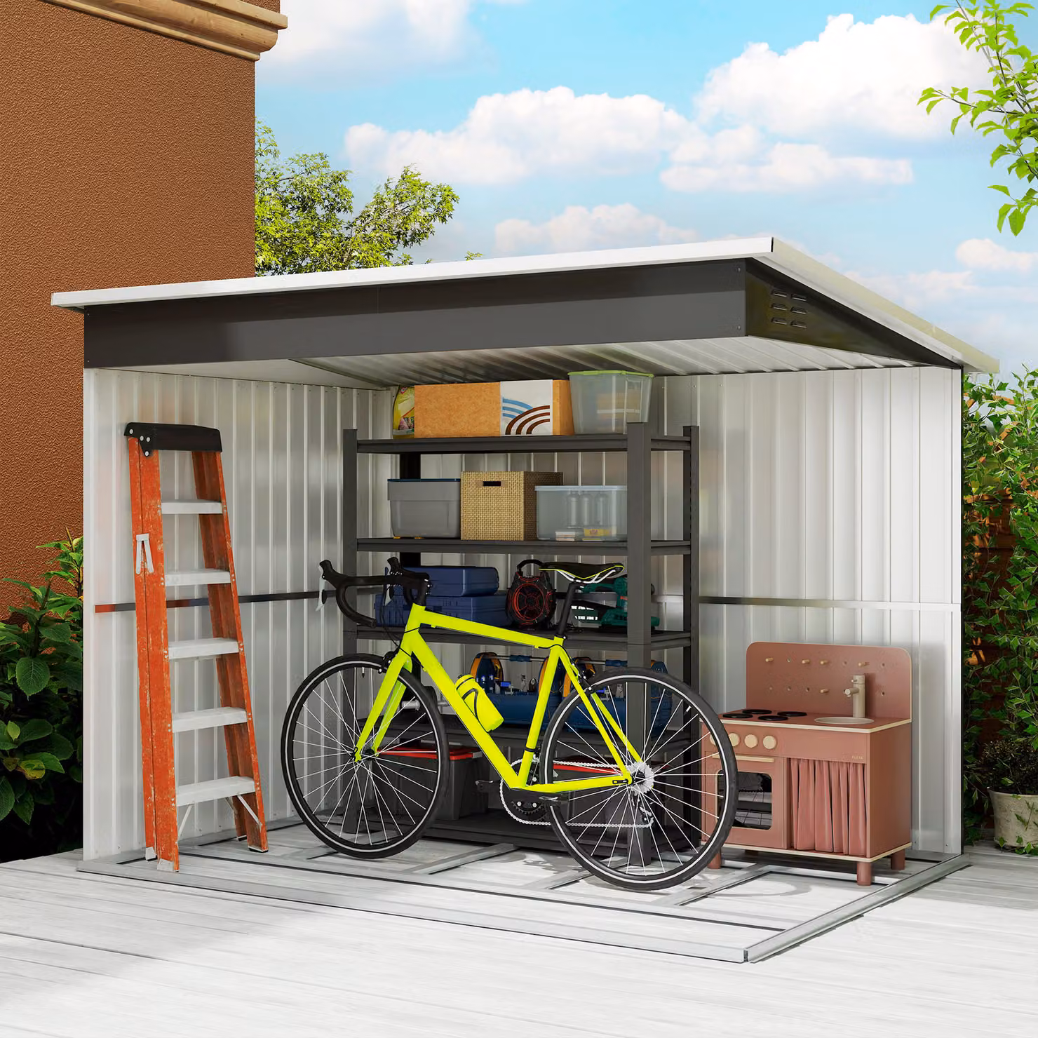 Outsunny Garden Storage Shed with Galvanised Steel Frame, Window and Lockable Double Doors, Dark Grey, W: 260 cm, D: 177 cm, H: 190 cm – 8