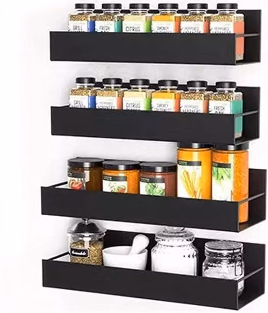 KORVIXA 4-Piece Magnetic Metal Spice Rack Storage Shelves in Black