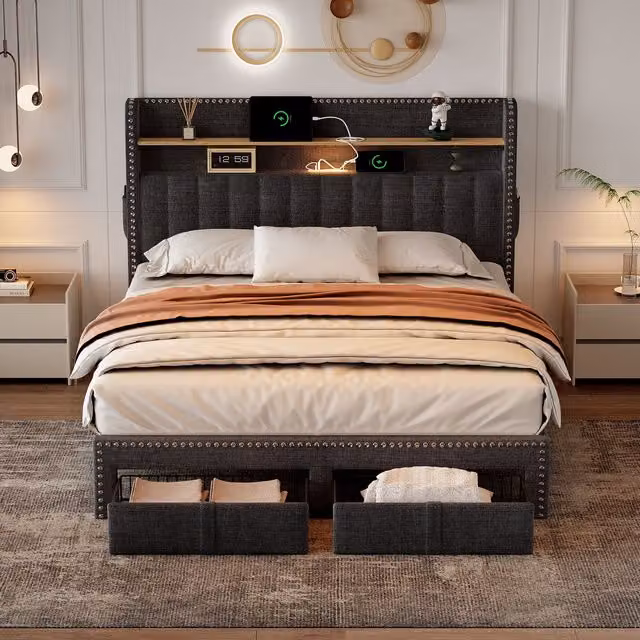 AKA Double Upholstered Bed in Grey with 2 Storage Drawers, Bedside Shelf and USB Charging Port, W/D/H: 140 x 200 cm