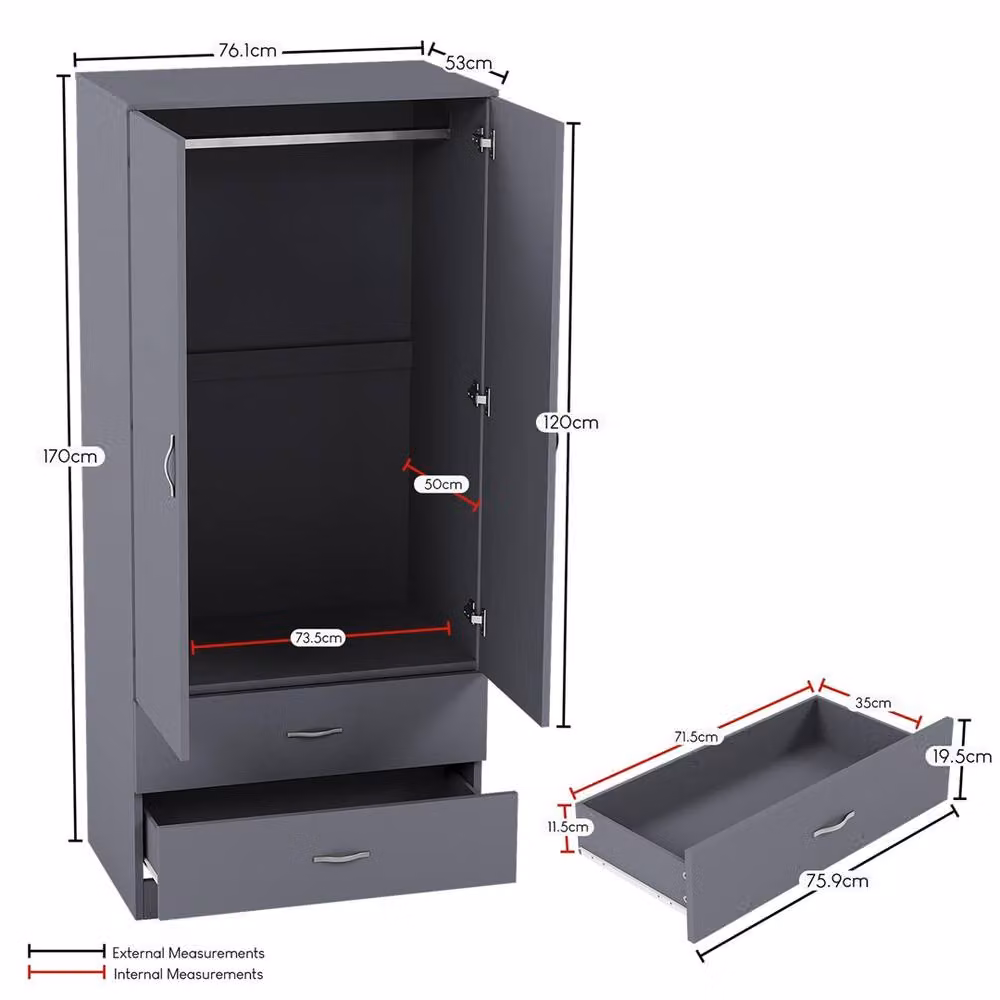FORGEVIO Grey Modern Wooden Wardrobe with Integrated Drawers and Hanging Rod – 2