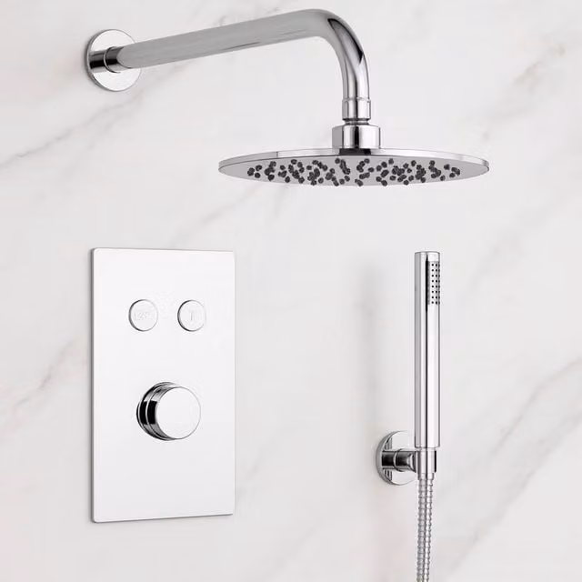 Bathroom Kingdom Avon Chrome Round Thermostatic Exposed Shower Set with 200mm Overhead Shower and Hand Shower in Silver
