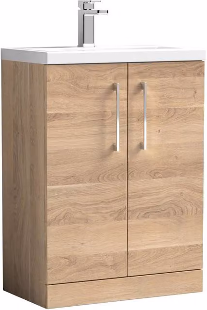Balterley Bramshall Compact 600mm 2 Door Bleached Oak Bathroom Unit with Poly Basin in Brown, H 84 cm x W 60 cm x D 45 cm – 1