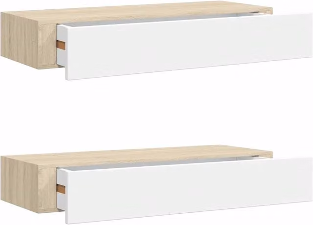 Berkfield Home Wall Drawer Shelves, 2 Piece Set in Oak and White, W/D/H: 60 x 23.5 x 10 cm