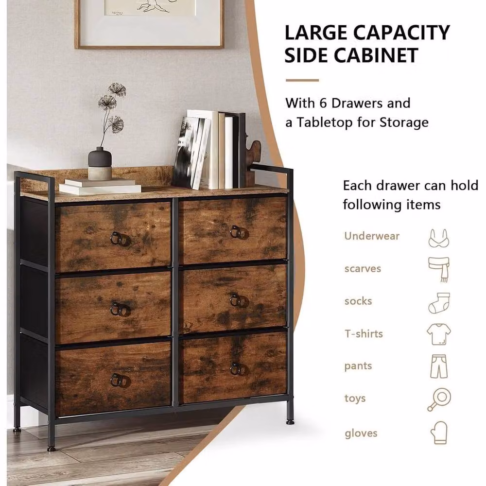 NESTLUNE Vintage Brown Chest of 6 Drawers, W: 100 cm, D: 15 cm – 2