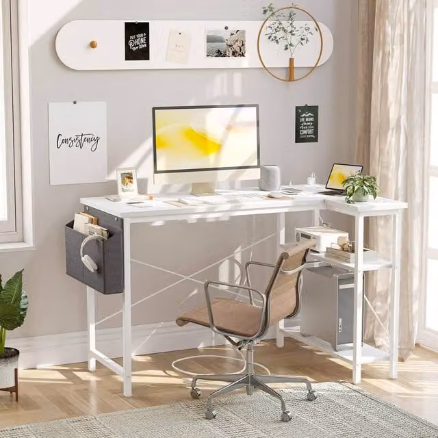 BEXEVUE White L-Shaped Gaming Desk with Reversible Shelving and Power Outlets, W/D/H: 100 x 70 x 75 cm – 1