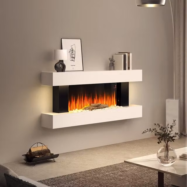 Livingandhome Recessed Electric Fireplace with Adjustable Flame and 2 Heating Settings in White Wood
