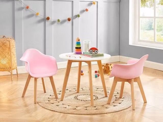 Vente-unique LOULOUNE Childrens Round Table in White and Natural Beech Wood, W: 60 cm, D: 60 cm, H: 51 cm – 1