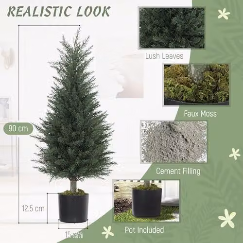 HOMCOM Set of 2 Green Artificial Cypress Trees with Plastic Pots, Height: 90 cm – 3