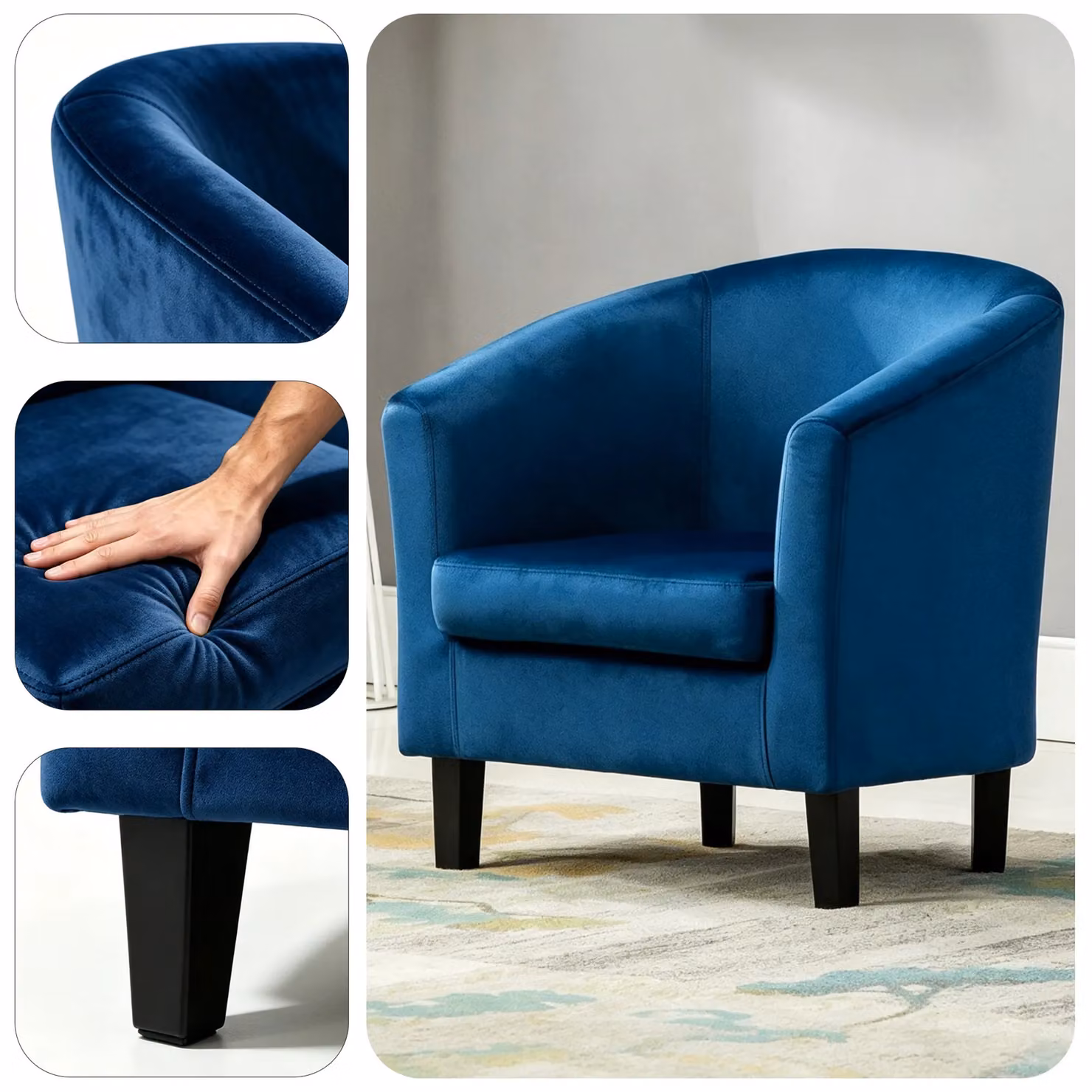 MCC Direct Blue Velvet Fabric Tub Armchair with Solid Wood Frame – 2