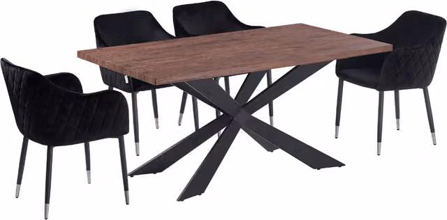 Life Interiors Verona Duke LUX Dining Set with Rectangular Wood Table and 4 Black Velvet Chairs