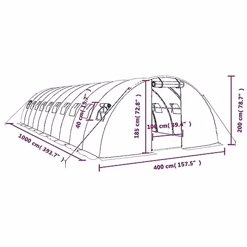 vidaXL Greenhouse with Steel Frame in White, 40 m², W: 10 m, D: 4 m, H: 2 m – 2