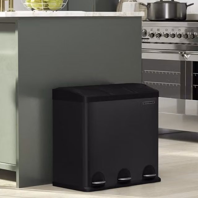 SONGMICS 318 Litre Kitchen Waste Pedal Bin with 3 Compartments, Black