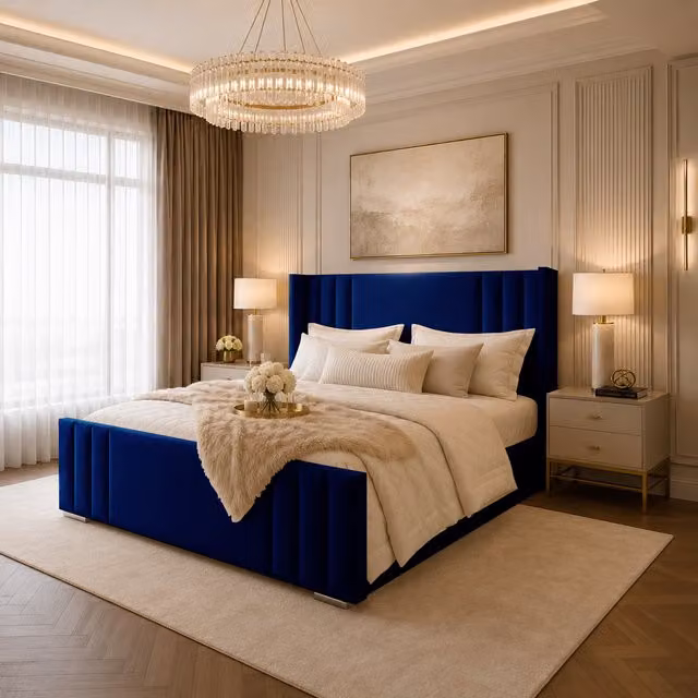 Desire Deco Adriel Luxury Wingback Upholstered Bed Frame in Blue Velvet, W/D/H: 180 x 200 cm