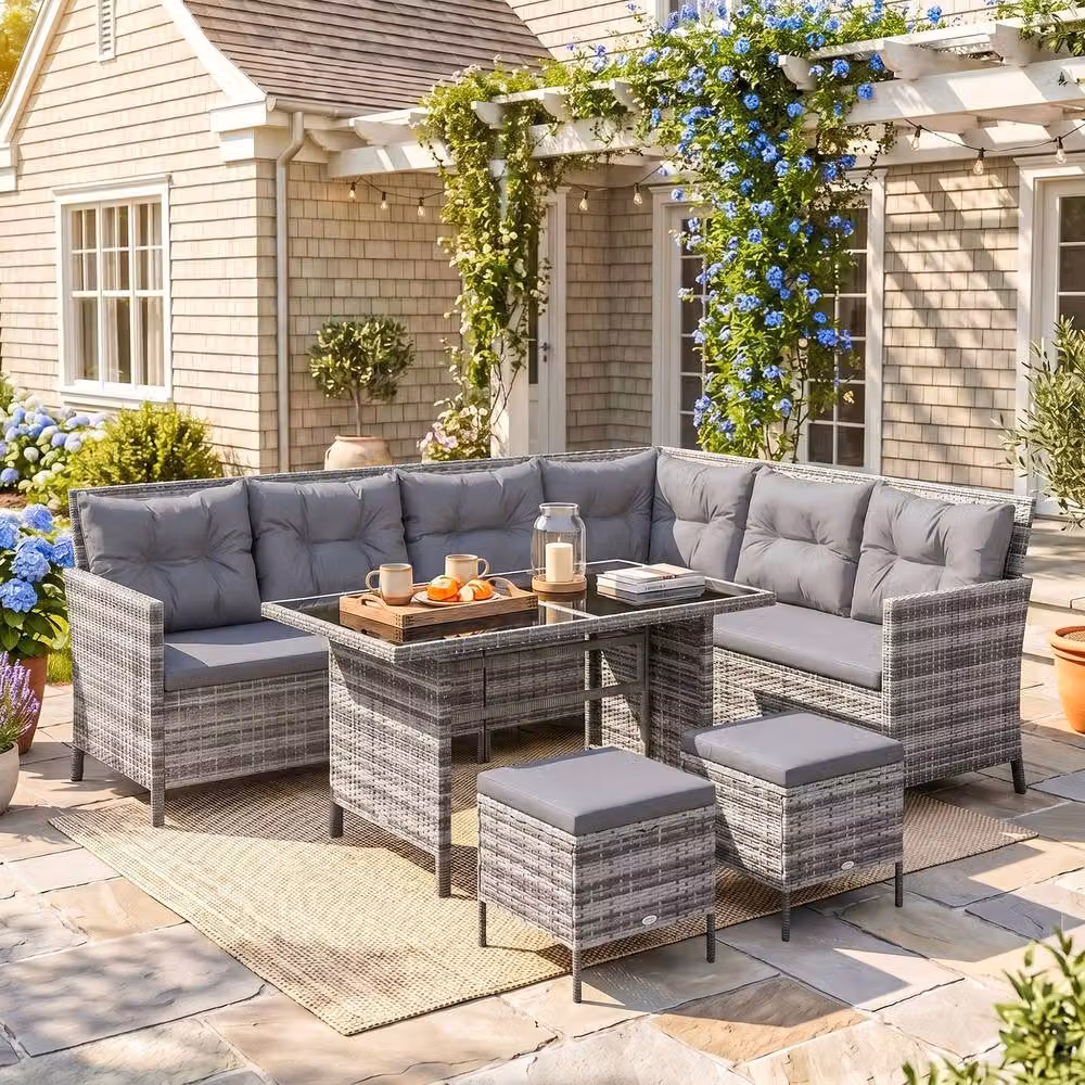 ERGOVEXA 8-Seater L-Shape Patio Wicker Sofa Set in Grey with Polyrattan Design, Ottoman and Coffee Table – 3