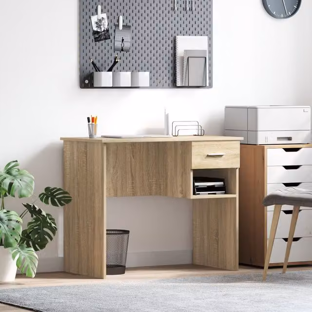 Berkfield Sonoma Oak Home Writing Desk in Brown, W/D/H: 90 x 49.5 x 75 cm