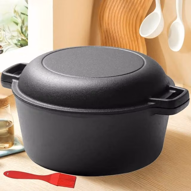 Ventryn 2 in 1 Seasoned Cast Iron Double Dutch Oven Casserole, 4.5 l, Black – 1