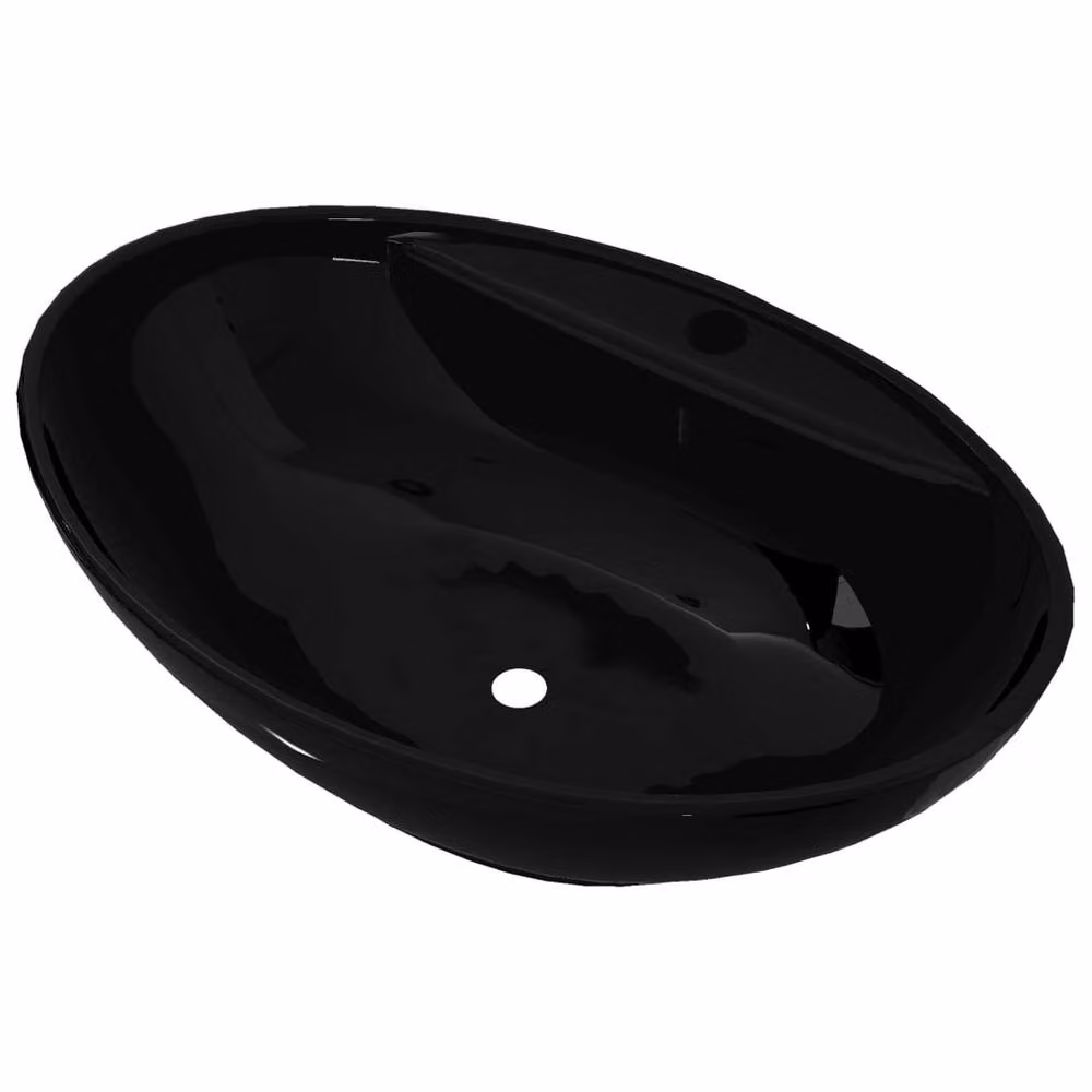 Berkfield Home Elegant Oval Ceramic Bathroom Sink Basin in Black with Overflow, W/D/H: 58.5 x 39.0 x 21.0 cm – 3