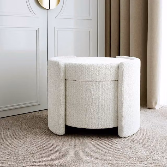 Carme White Bouclé Fabric Cylindrical Storage Stool