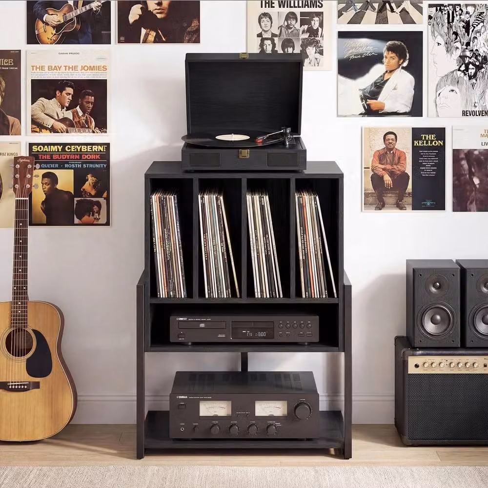 VOGREX Black Metal Record Player Stand and Storage Table with Integrated Charging Station – 4