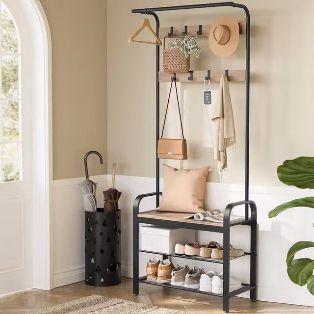 VASAGLE Hall Tree with Shoe Bench, Hooks and Clothes Rail in Medium Beige – 1