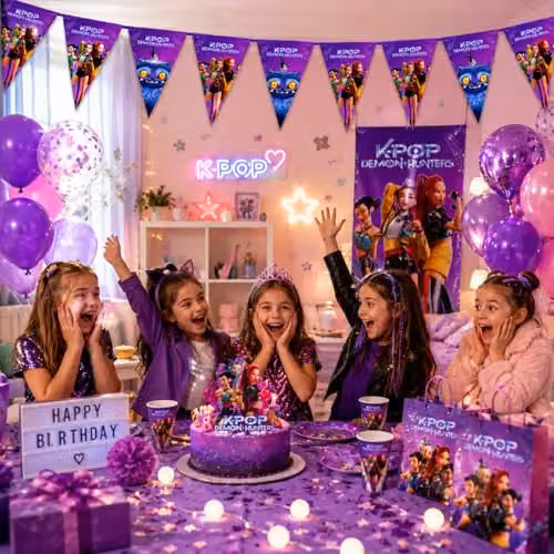 Procos K-pop Demon Hunters Purple Paper Bunting Garland for Children's Birthday Parties, Length: 230 cm – 9