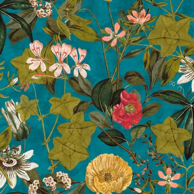 Clarke & Clarke Passiflora Fabric in Kingfisher Blue and Multicolour