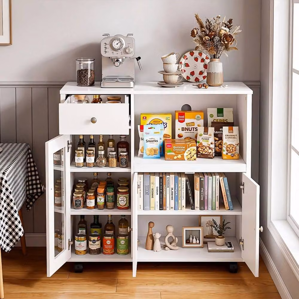 EONLION White Kitchen Island Sideboard with Microwave Shelf and Castors – 4