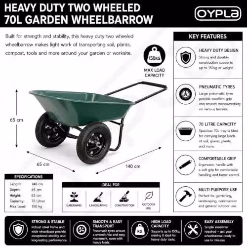 Oypla Heavy Duty 70L Two Wheeled Plastic Wheelbarrow with Pneumatic Tyre, Green, W/D/H: 65 x 140 x 65 cm – 2
