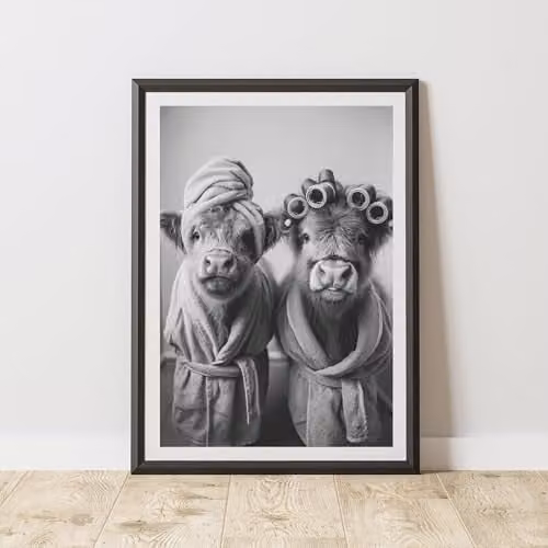 60 Second Makeover Highland Cow Couple Animal Print Paper Poster, A3, Black, White and Grey
