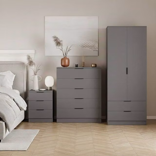 HD Designs Trega 3 Piece Grey Bedroom Set Including Wardrobe, 5 Drawer Chest and 3 Drawer Bedside Tables