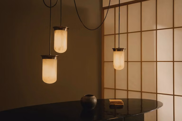 CTO Lighting Yukimi Linear Triple Pendant in White with Gold/Brass Metal Accents