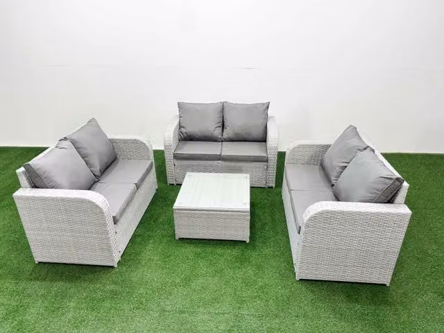 Fimous 6 Seater PE Wicker Rattan Garden Furniture Set in Light Grey with Square Coffee Table and Upholstered Cushions