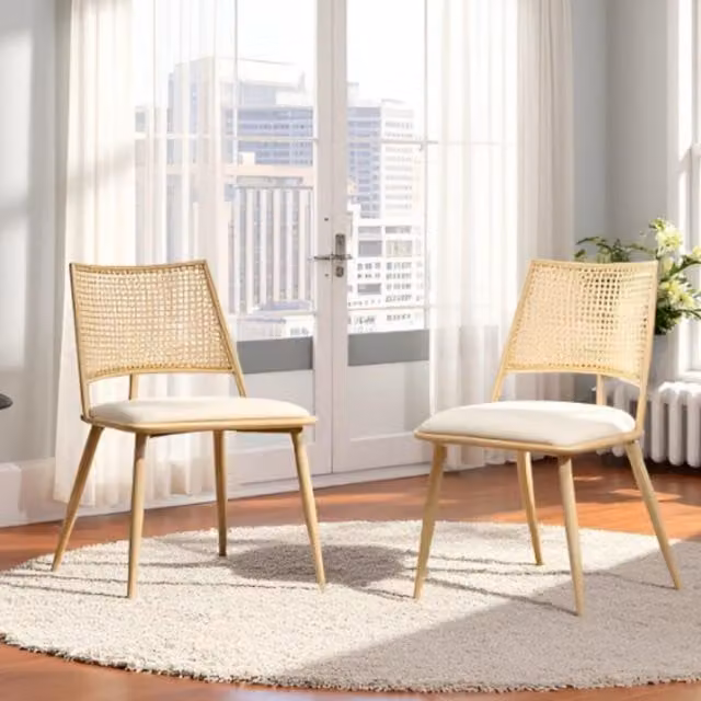 Furniture One Set of 2 Mid-Century Yellow Dining Chairs with Rattan Backrest and Upholstered Seating