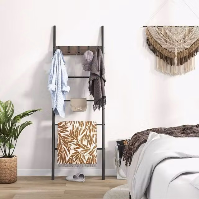Costway 5-Tier Wooden Blanket Holder Ladder Shelf with 5 Hooks in Brown