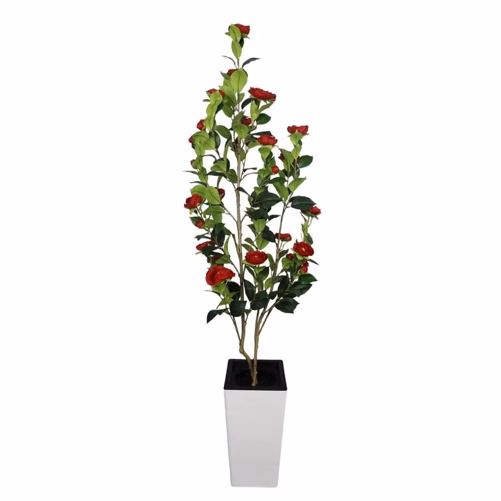 VOGREX 5ft Artificial Camellia Tree in Pot, Multicolour Red and Green Floral Freestanding Tree, Height: 152.4 cm – 2