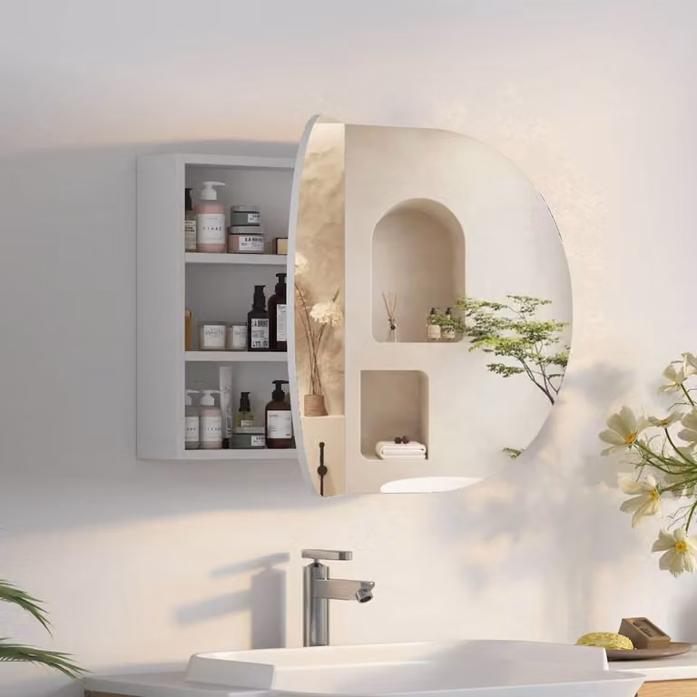 KEEPREAPER Modern White Wall-Mounted Bathroom Mirror Cabinet with Hinged Doors and 5 Storage Compartments